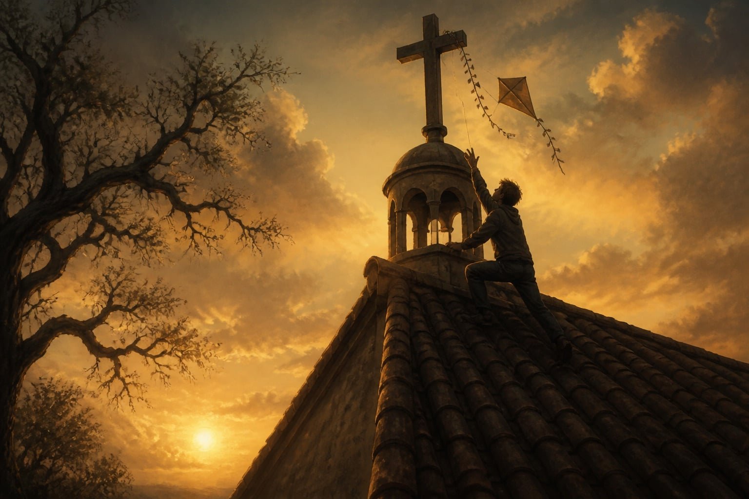 A teenage boy climbs a church roof at dusk to retrieve a kite tangled near the cross